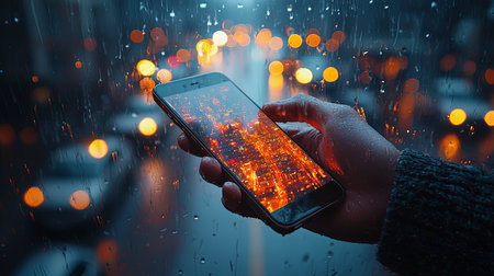 A smartphone held near a rainy window, displaying a cityscape at night with glowing streetlights. The urban ambiance is enhanced by reflections, creating a captivating atmosphere of technology and modern life.の素材