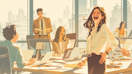 A smiling businesswoman stands confidently in an office with colleagues collaborating cheerfully at workstations. The atmosphere exudes positivity and teamwork in a professional yet friendly and modern workspace.の素材