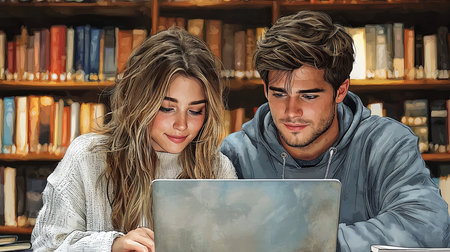 A young couple is seen working together on a laptop in a cozy library ambiance, surrounded by bookshelves. The scene conveys collaboration, learning, and academic focus.の素材