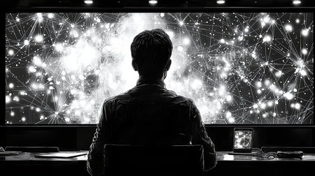 A black and white illustration showing a person analyzing a digital network display filled with connections and nodes, representing complex data analysis and modern technology.の素材