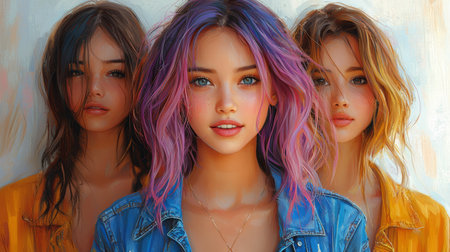 Three stylish young women with unique hair colors and vivid fashion, posing confidently. This artistic depiction portrays individuality, beauty, creativity, and self-expression, capturing a lively and contemporary atmosphere.の素材