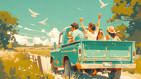 A group of friends enthusiastically riding in the back of a vintage truck through a sunlit countryside, enjoying their journey and creating joyful memories in a serene natural setting.の素材