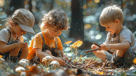 Children enjoy fun in the forest, interacting, laughing, and exploring, fostering creativity and teamwork.の素材