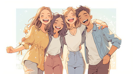 A vibrant depiction of a group of four happy friends embracing and laughing together under a bright summer day, exuding warmth and camaraderie.の素材