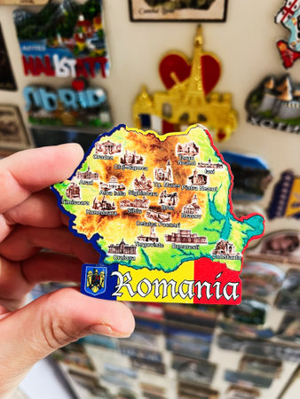 A vibrant and detailed souvenir magnet of Romania, highlighting notable landmarks and cities. Photographed against a backdrop of other travel magnets for a nostalgic and cultural representation of world travels.の写真素材