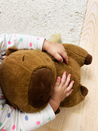 A gentle moment capturing a child's small hands holding a soft plush toy, evoking warmth, comfort, and safety. The setting suggests a cozy and loving environment, perfect for child-centered themes.の写真素材