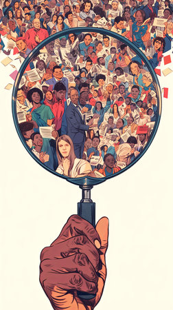 An artistic illustration showing a hand holding a magnifying glass over a crowd, symbolizing recruitment, selection, and analyzing people for different roles. Includes diverse individuals representing a variety of backgrounds and contexts.の素材