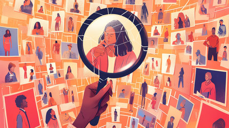 An artistic illustration depicting a magnifying glass focusing on one photo among many, symbolizing discovery, identity, or connections. The vibrant background consists of displayed portraits capturing diverse individuals.の素材