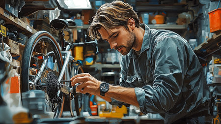A hardworking technician focused on repairing a bicycle in a well-equipped workshop setting, emphasizing craftsmanship and dedication to precision.の素材
