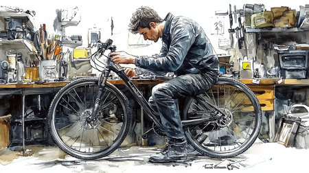 A man is focused on fixing a bicycle in an organized repair shop filled with tools, showcasing mechanical skills.の素材