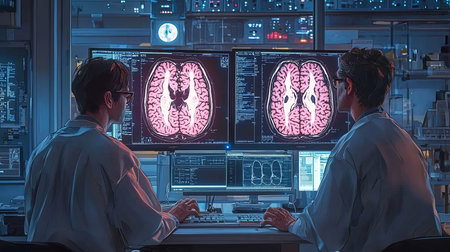 A team of healthcare professionals analyzing detailed brain imaging data displayed on computer monitors in a laboratory setting, showcasing advanced medical research and diagnostic processes in a modern hospital environment.の素材