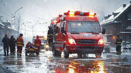 Emergency personnel assist a patient on a stretcher while snow falls amidst a traffic accident scene involving ambulances and a wintry landscape.の素材