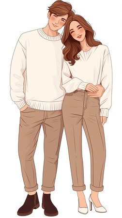 Illustration of a young couple standing close, dressed in similar casual attires, exuding warmth and connection, showing harmony and complementing each otherの素材