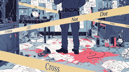 A crime scene with a police detective analyzing forensic evidence amidst a cluttered location marked with caution tape.の素材