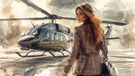 Stylized depiction of a sophisticated woman near a helicopter, epitomizing adventure and luxury.の素材
