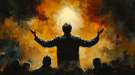 An expressive digital painting showcasing a man raising hands in a moment of emotion, bathed in golden and red hues, creating an aura of mystery, drama, and depth through abstract strokes and vibrant contrasts.の素材