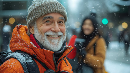 A smiling elderly man wearing warm attire in a snowy urban environment, conveying joy and warmth.の素材