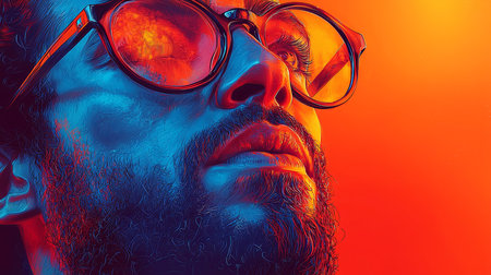 Vividly stylized close-up portrait of a man with glasses, evoking a bold visionary mood.の素材