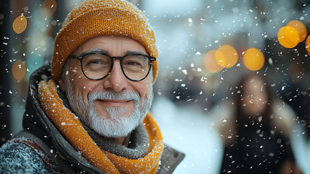 A happy senior gentleman wearing warm clothes and a beanie smiles amidst falling snow, capturing the joy and warmth of wintertime outdoor moments.の素材
