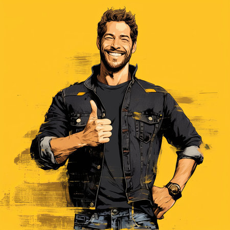 Illustration showing a joyful man in a denim jacket with a confident thumbs-up gesture. Vibrant yellow background enhances positivity and optimism.の素材