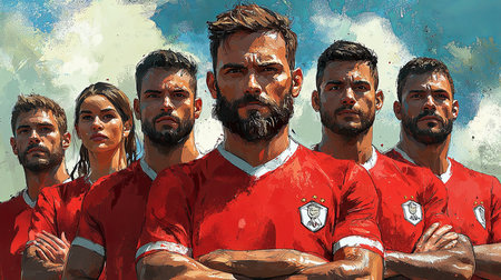 A group of professional soccer players in red uniforms standing in unison, depicting team spirit, determination, and focus under a clear blue sky. Ideal for sports, teamwork, and fitness concepts.の素材