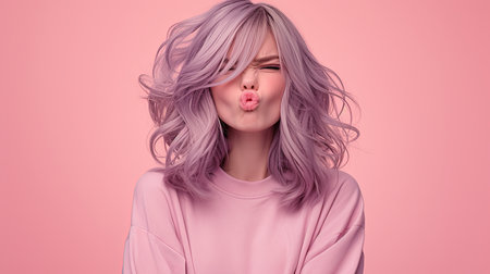 A lively young woman with lilac hair displays a quirky expression on her face. The pink background emphasizes her playful mood and creates an aesthetically pleasing contrast that enhances the vibrant atmosphere.の素材