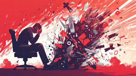 A powerful visual metaphor depicting stress and inner turmoil through a symbolic explosion scene and a reflective individual. A vibrant and thought-provoking conceptual illustration.の素材