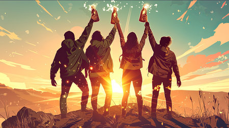 Friends stand on a hilltop during sunset, raising bottles in celebration. The image evokes feelings of unity, joy, and adventure in a beautiful natural setting, ideal for concepts of friendship and exploration.の素材