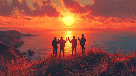 A group of friends standing on a grassy hill overlooking the ocean during a vivid sunset, celebrating their bond under the warm, vibrant colors of the sky. A moment of friendship and beauty.の素材