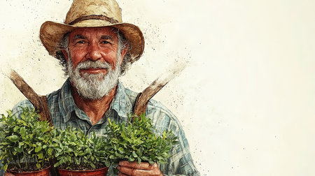 A cheerful senior farmer wearing a hat is holding pots of fresh greenery. His expression exudes a sense of contentment and dedication to farming. The illustration reflects sustainable agricultural practices and rural life.の素材