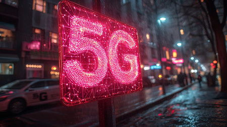 Bright red neon 5G sign in a bustling city street at nighttime under rain. Showcasing connectivity, modern technology, and urban aesthetics with glowing lights and wet surfaces reflecting the vibrant ambiance.の素材