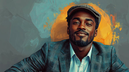 Man smiling confidently, wearing elegant clothing and hat, sitting against artistic background.の素材