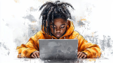 Young person with dreadlocks wearing orange hoodie and using a laptop attentively.の素材