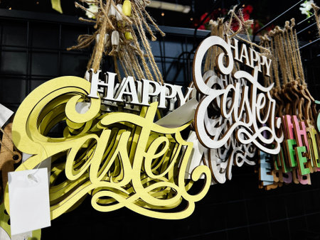 Colorful Easter decorations including designed signs arranged on display for festive inspiration.