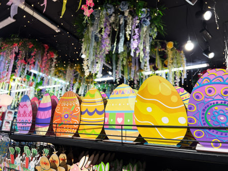 Vibrant Easter display featuring colorful decorative eggs and floral decorations in a festive...