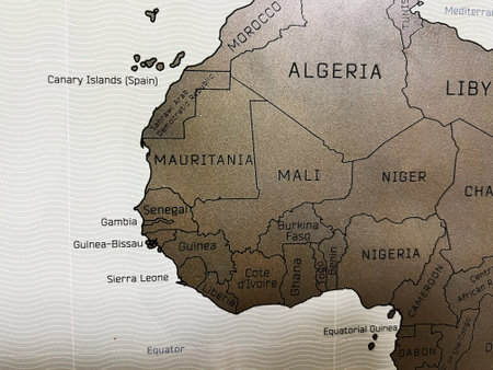 West African map showcasing countries, borders, and geographic locations with prominent labels.