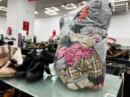 Large bag of bundled clothes and second-hand boots displayed in a thrift store