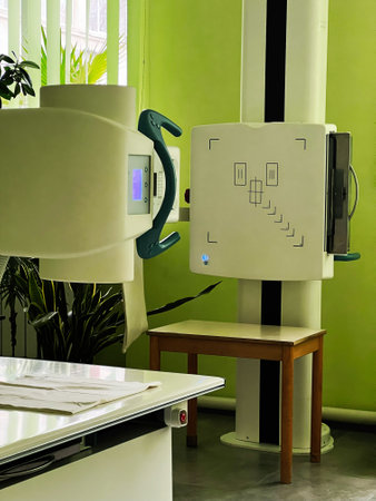 Medical imaging equipment in a radiology room with green wall and tableの写真素材