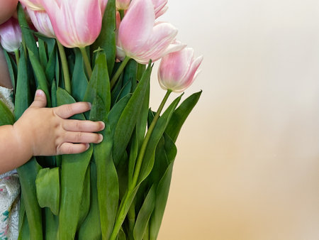 The hand of a child touching a beautiful bouquet of fresh pink tulips.の写真素材