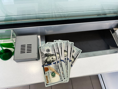 Hundred dollar bills stacked on a counter within a bank setting, financial concept represented.