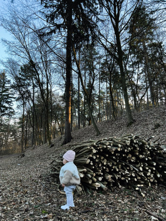 A child in a warm jacket and hat standing near felled logs in the woods.