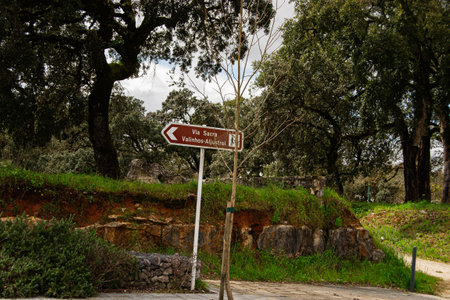 A signpost guiding directions in a peaceful natural setting near Fatima, Portugal.の写真素材