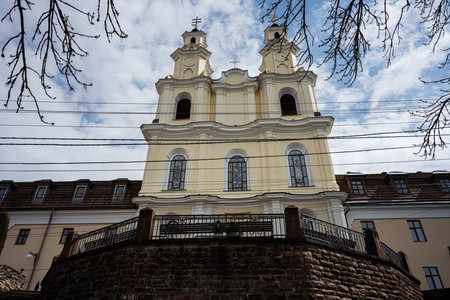 Majestic Baroque style Orthodox church with twin towers and stained glass windows in Buchach....