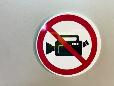 Prohibition sign against video recording displayed on a wall surfaceの写真素材