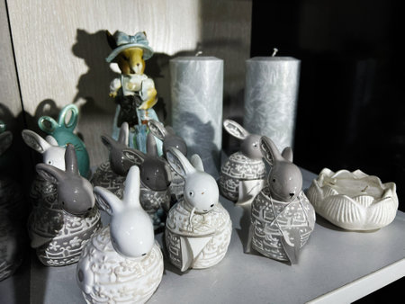 Charming ceramic animal figurines and candles arranged on a wooden surface.