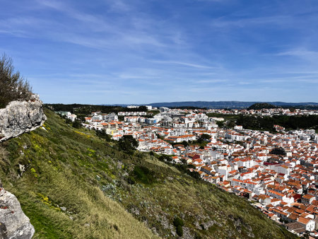 Urban panorama of Nazare, Portugal from a hillside, surrounded by greenery and skyの写真素材