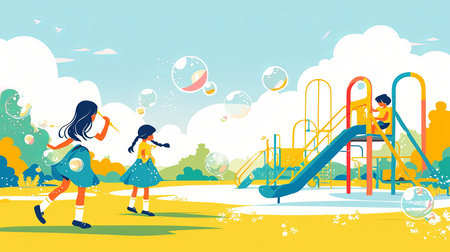 Children joyfully playing outside with bubbles and playground in the backgroundの素材