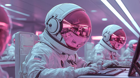 Group of astronauts in a laboratory environment using high-tech equipment and computersの素材