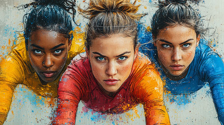 Three athletes in vibrant attire united in competition, determination evident on their facesの素材