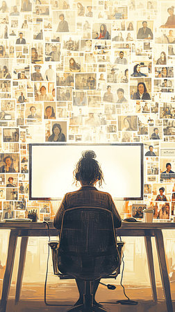 Woman seated at desk with a wall of various photos behind her.の素材